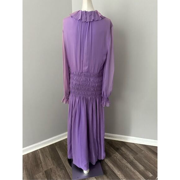 Adam Lippes Semi Sheer Silk Chiffon Ruffle Long-Sleeve Midi Dress Violet 10 $289 - Picture 9 of 14